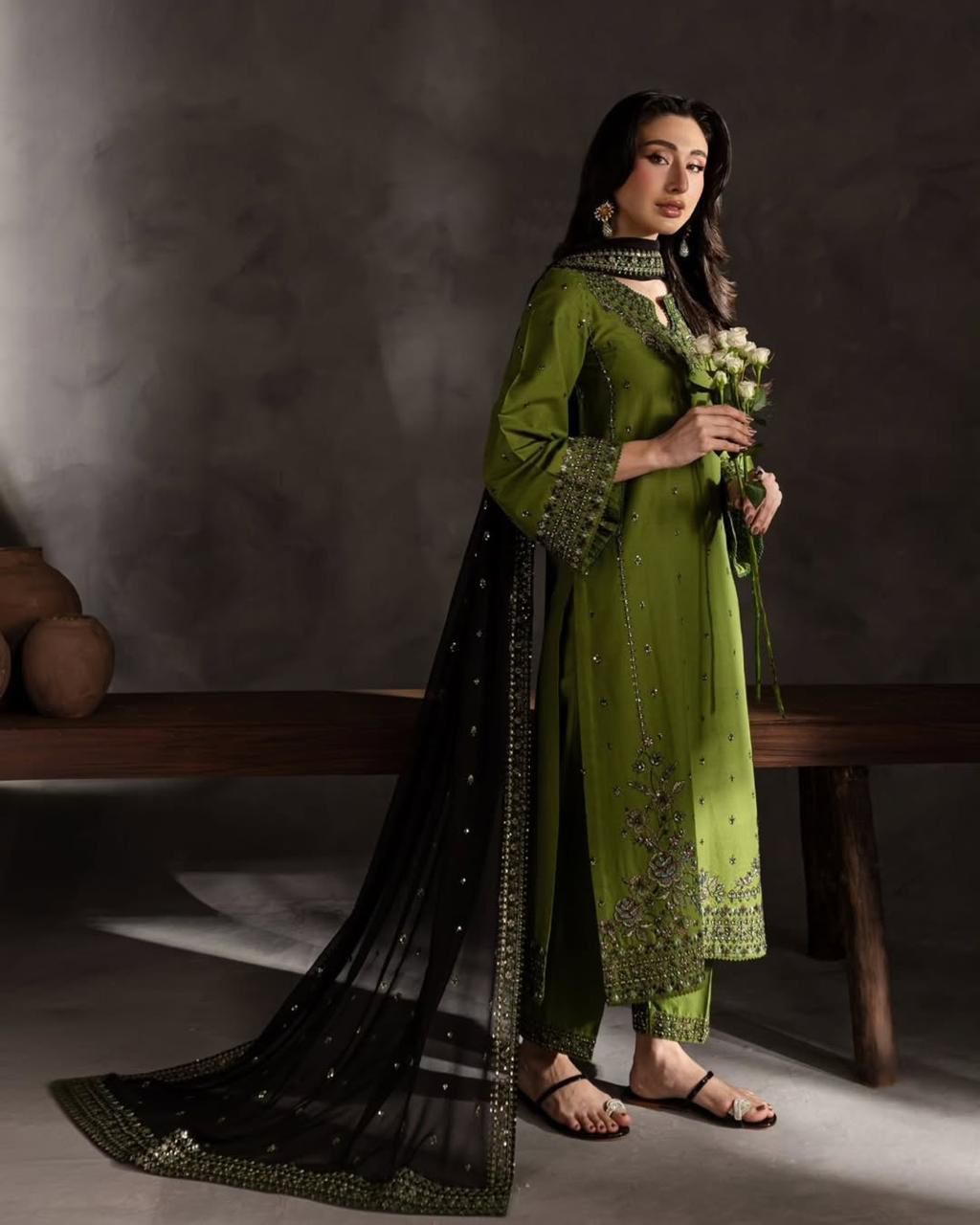 Aneelas Embroidered 3-Piece Women’s Kurta Set with Shawl