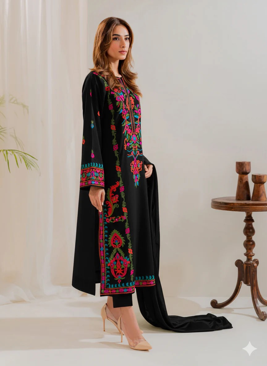 Aneelas Embroidered 3-Piece Women’s Kurta Set with Shawl