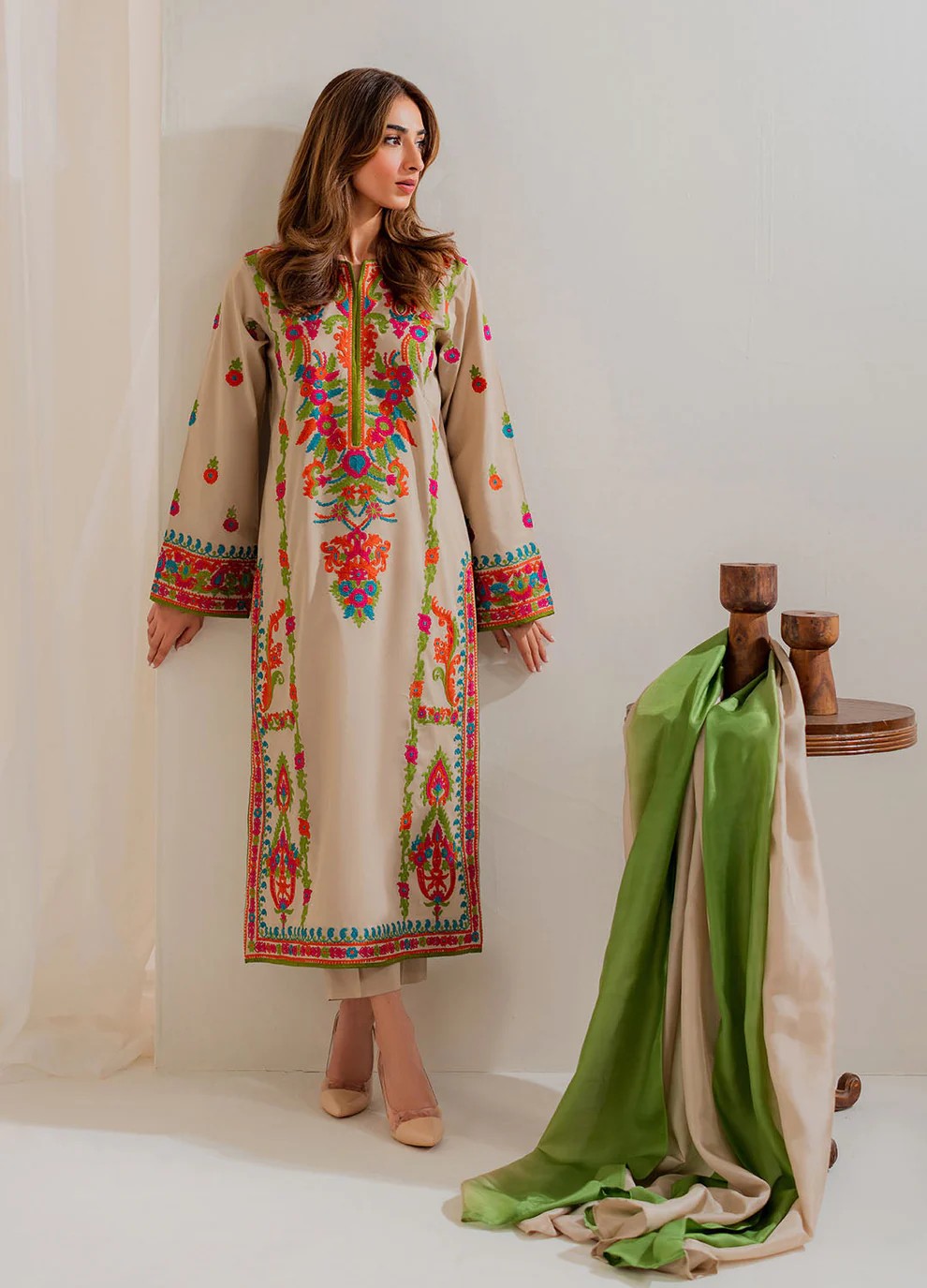 Aneelas Embroidered 3-Piece Women’s Kurta Set with Shawl