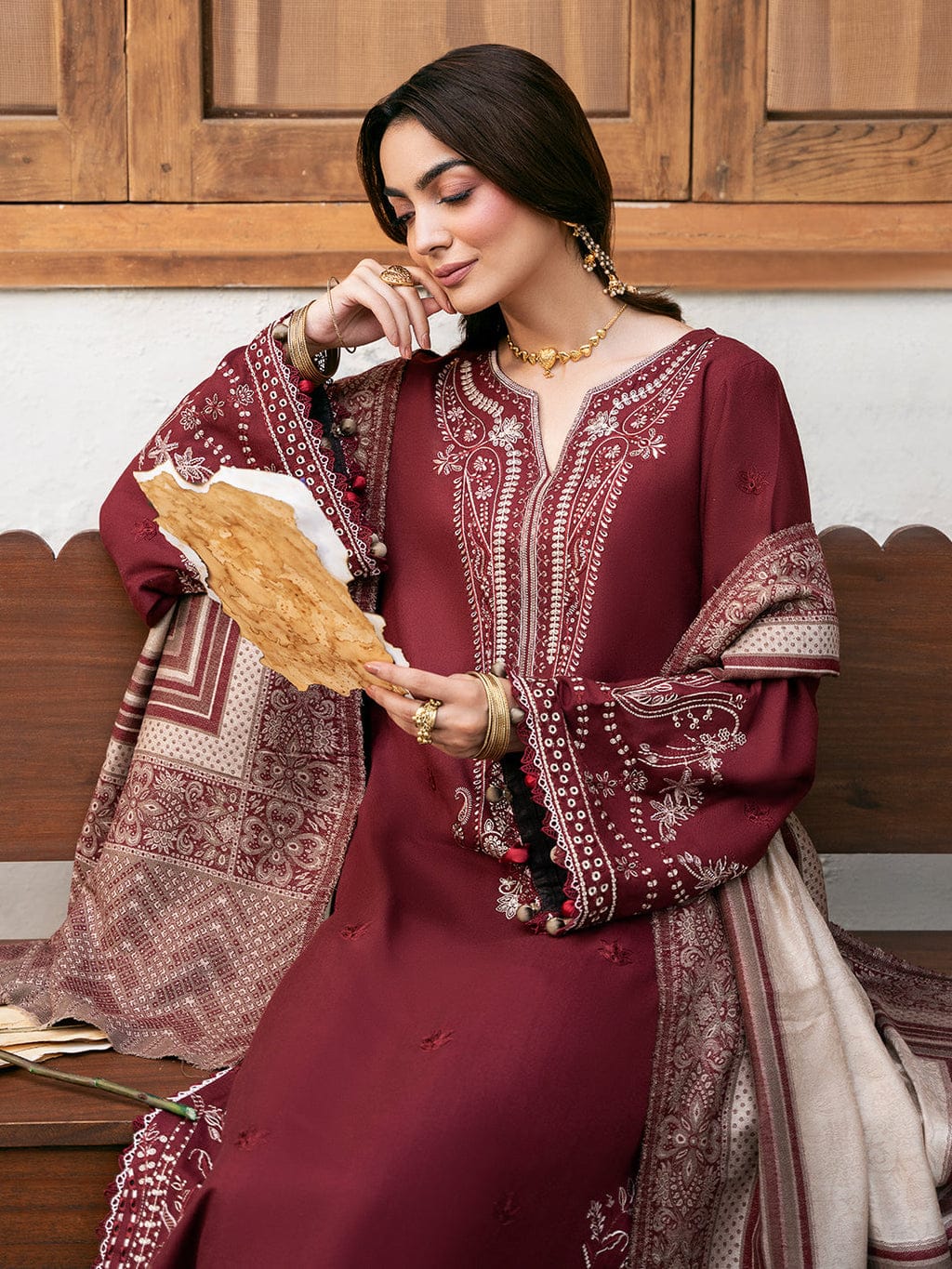 Aneelas Embroidered 3-Piece Women’s Kurta Set with Shawl