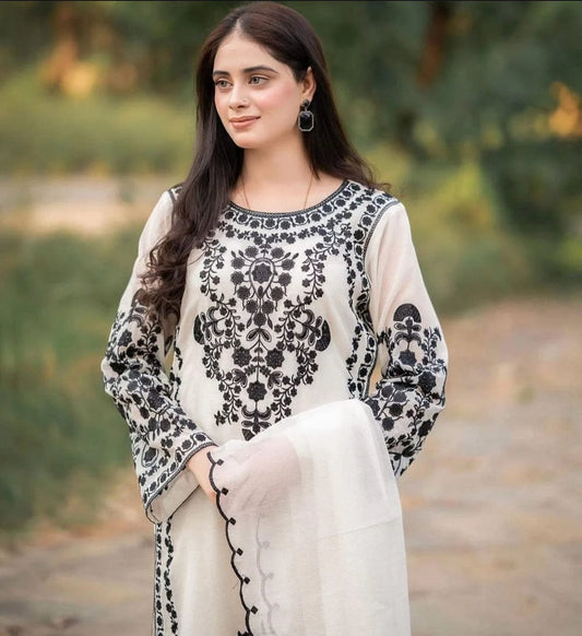 Aneelas Embroidered 3-Piece Women’s Kurta Set with Shawl
