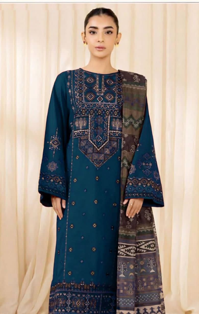 Aneelas Embroidered 3-Piece Women’s Kurta Set with Shawl