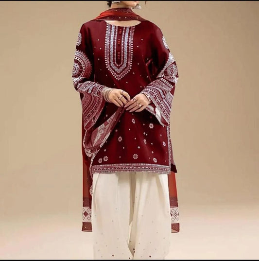 Aneelas Embroidered 3-Piece Women’s Kurta Set with Shawl