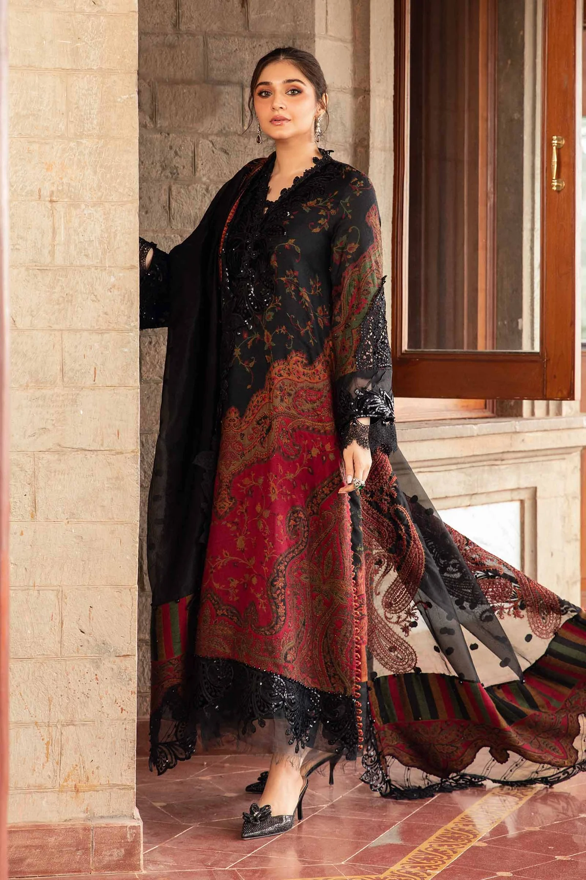 Aneelas Embroidered 3-Piece Women’s Kurta Set with Shawl