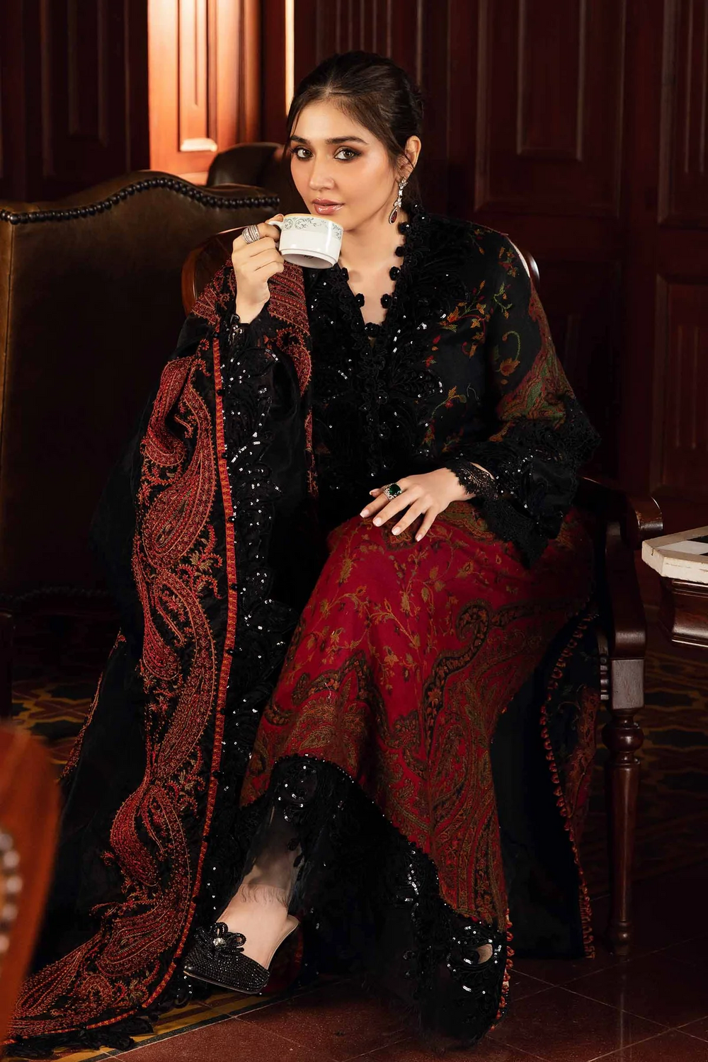 Aneelas Embroidered 3-Piece Women’s Kurta Set with Shawl