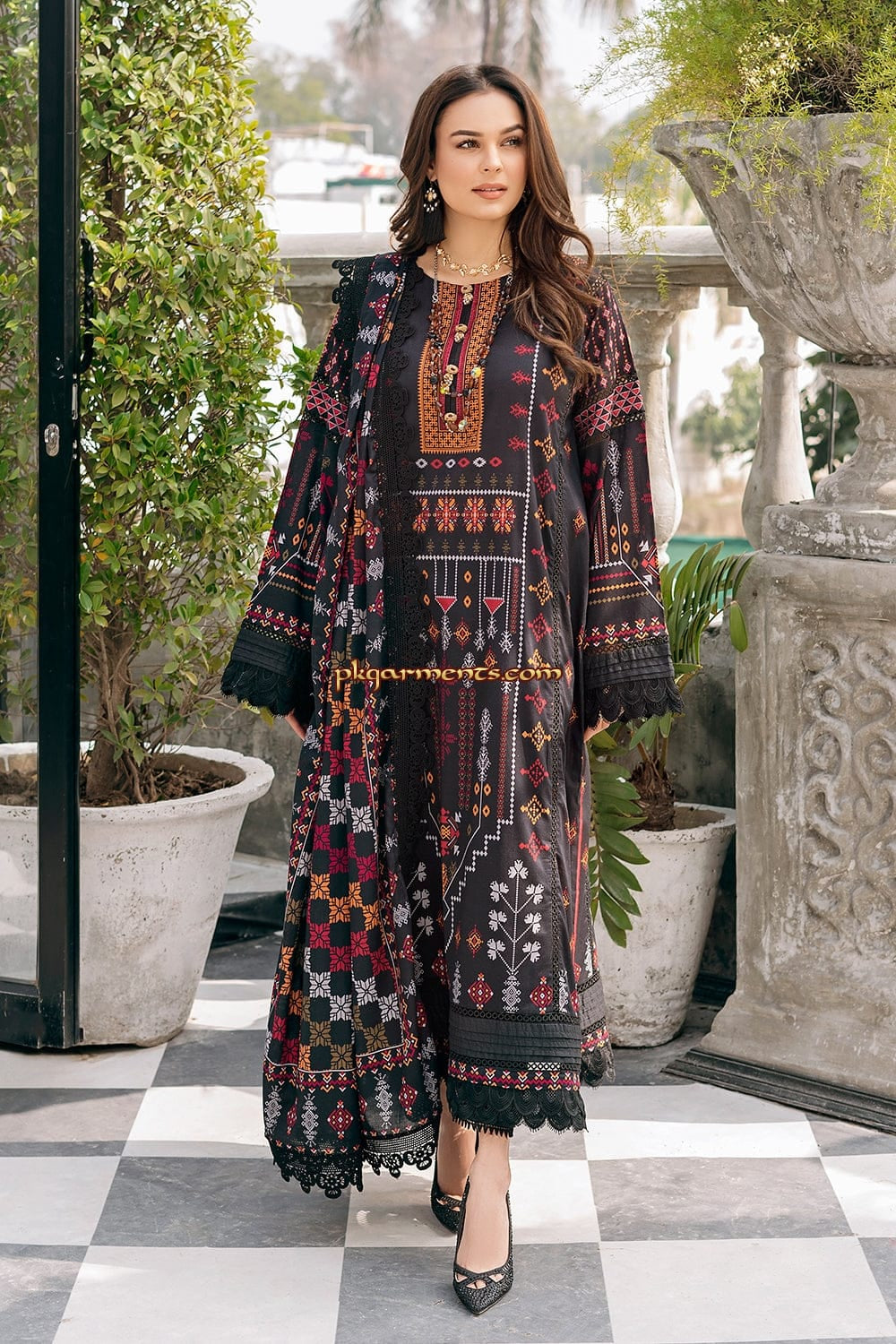 Aneelas Embroidered 3-Piece Women’s Kurta Set with Shawl