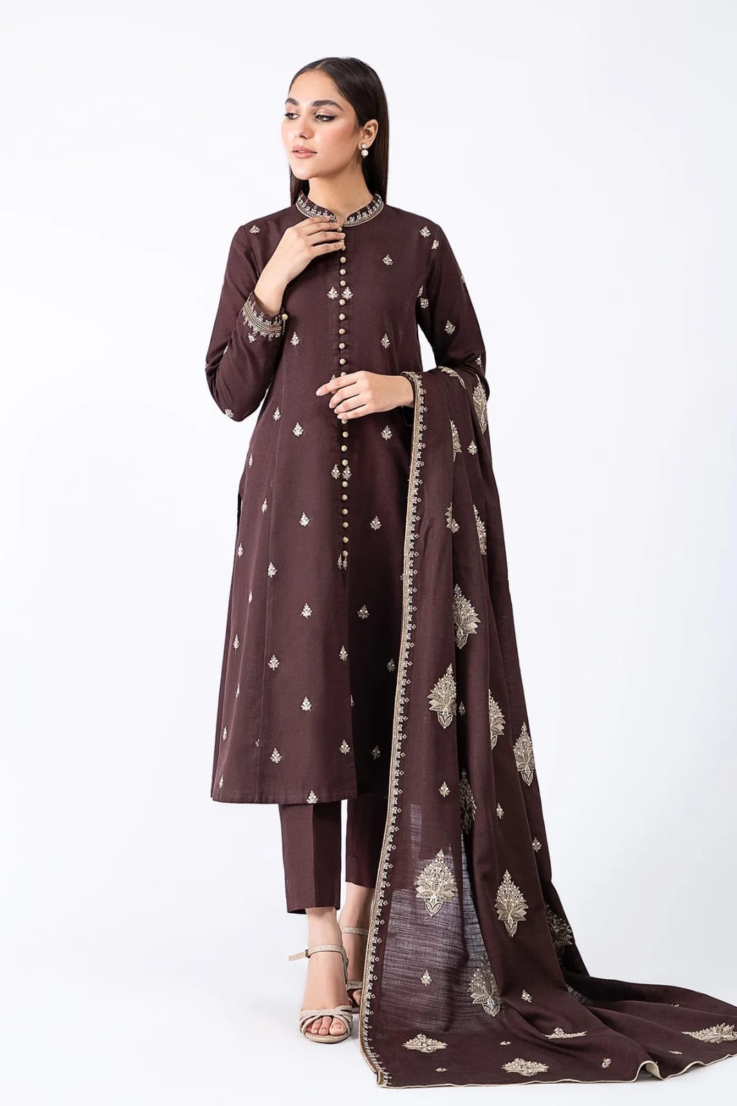 Aneelas Embroidered 3-Piece Women’s Kurta Set with Shawl