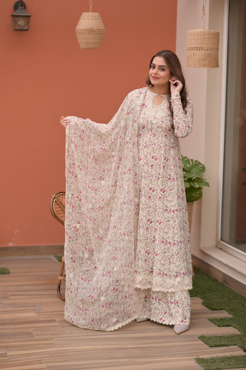 Aneelas Embroidered 3-Piece Women’s Kurta Set with Shawl