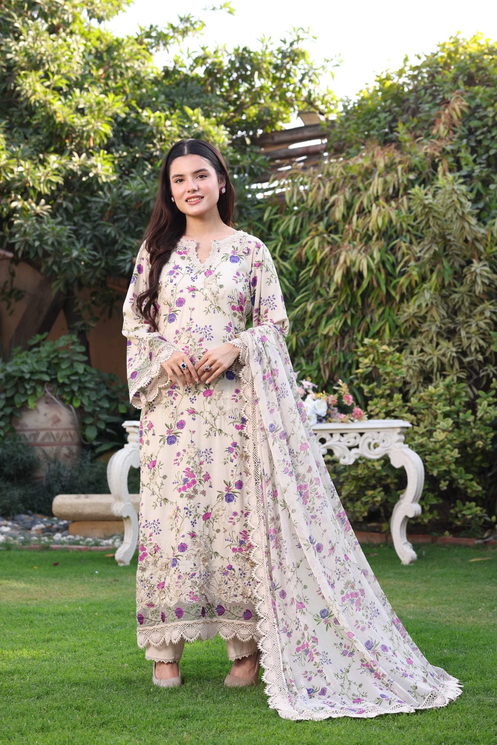 Aneelas Embroidered 3-Piece Women’s Kurta Set with Shawl
