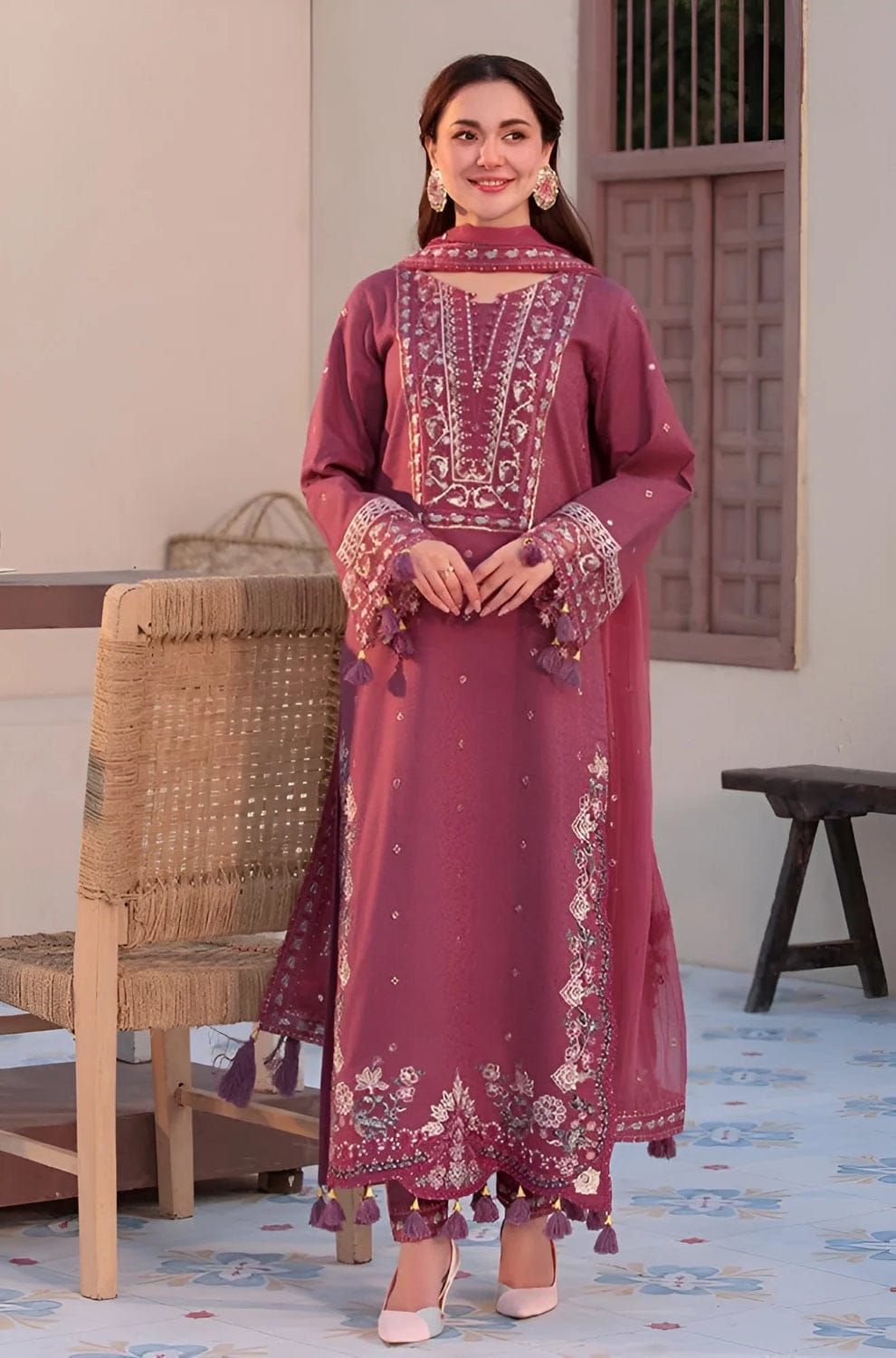 Aneelas Embroidered 3-Piece Women’s Kurta Set with Shawl
