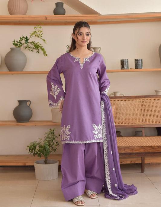 Aneelas Embroidered 3-Piece Women’s Kurta Set with Shawl