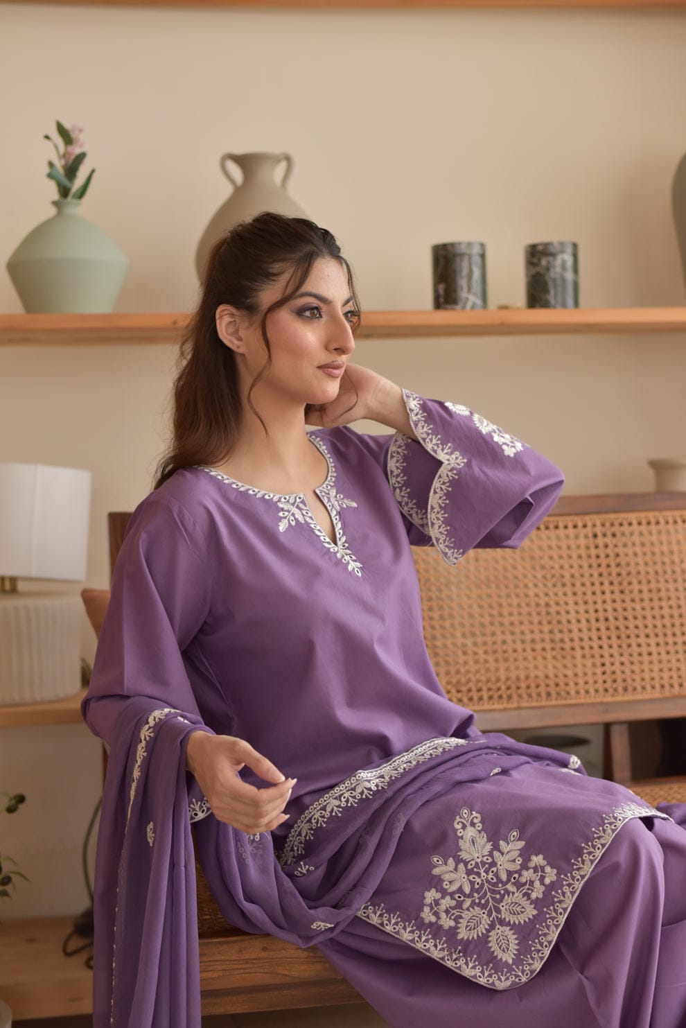 Aneelas Embroidered 3-Piece Women’s Kurta Set with Shawl