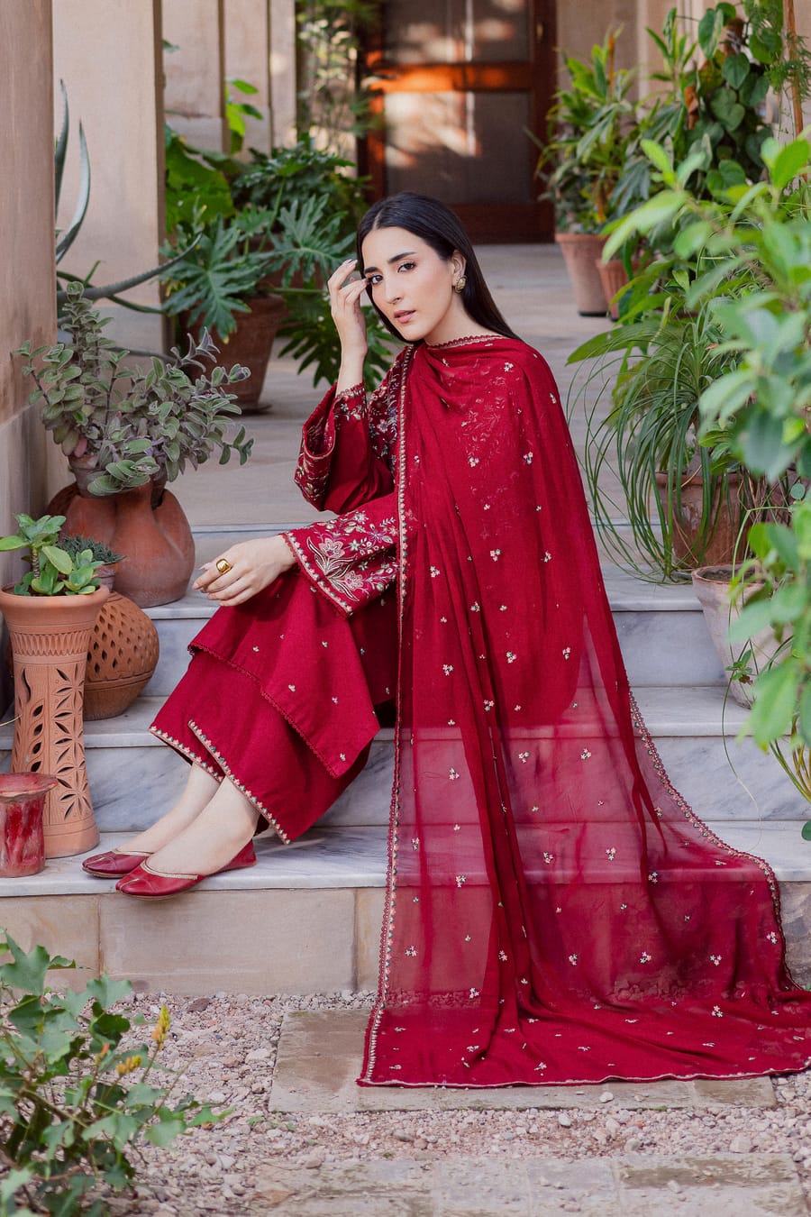 Aneelas Embroidered 3-Piece Women’s Kurta Set with Shawl