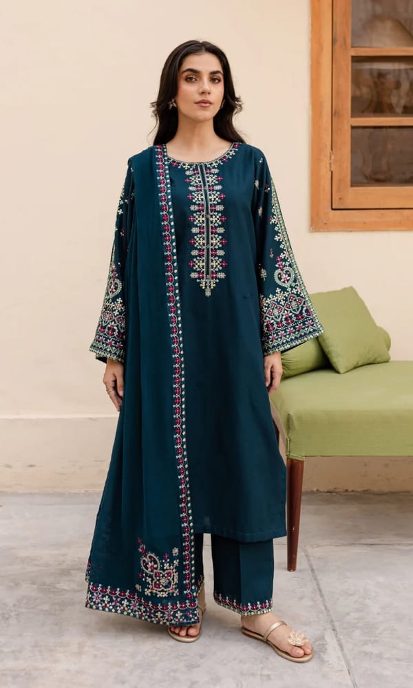 Aneelas Embroidered 3-Piece Women’s Kurta Set with Shawl