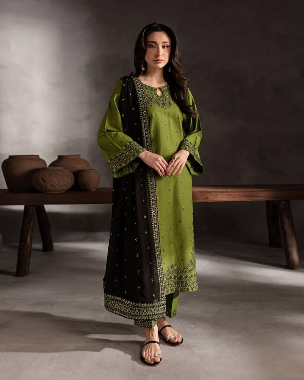 Aneelas Embroidered 3-Piece Women’s Kurta Set with Shawl