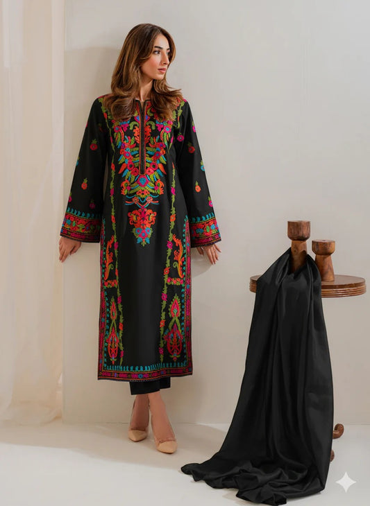 Aneelas Embroidered 3-Piece Women’s Kurta Set with Shawl