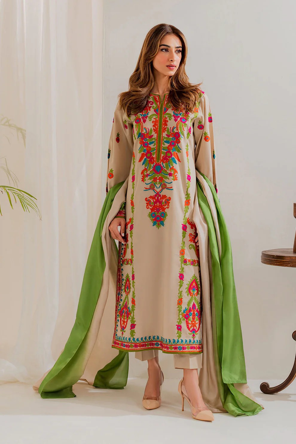 Aneelas Embroidered 3-Piece Women’s Kurta Set with Shawl