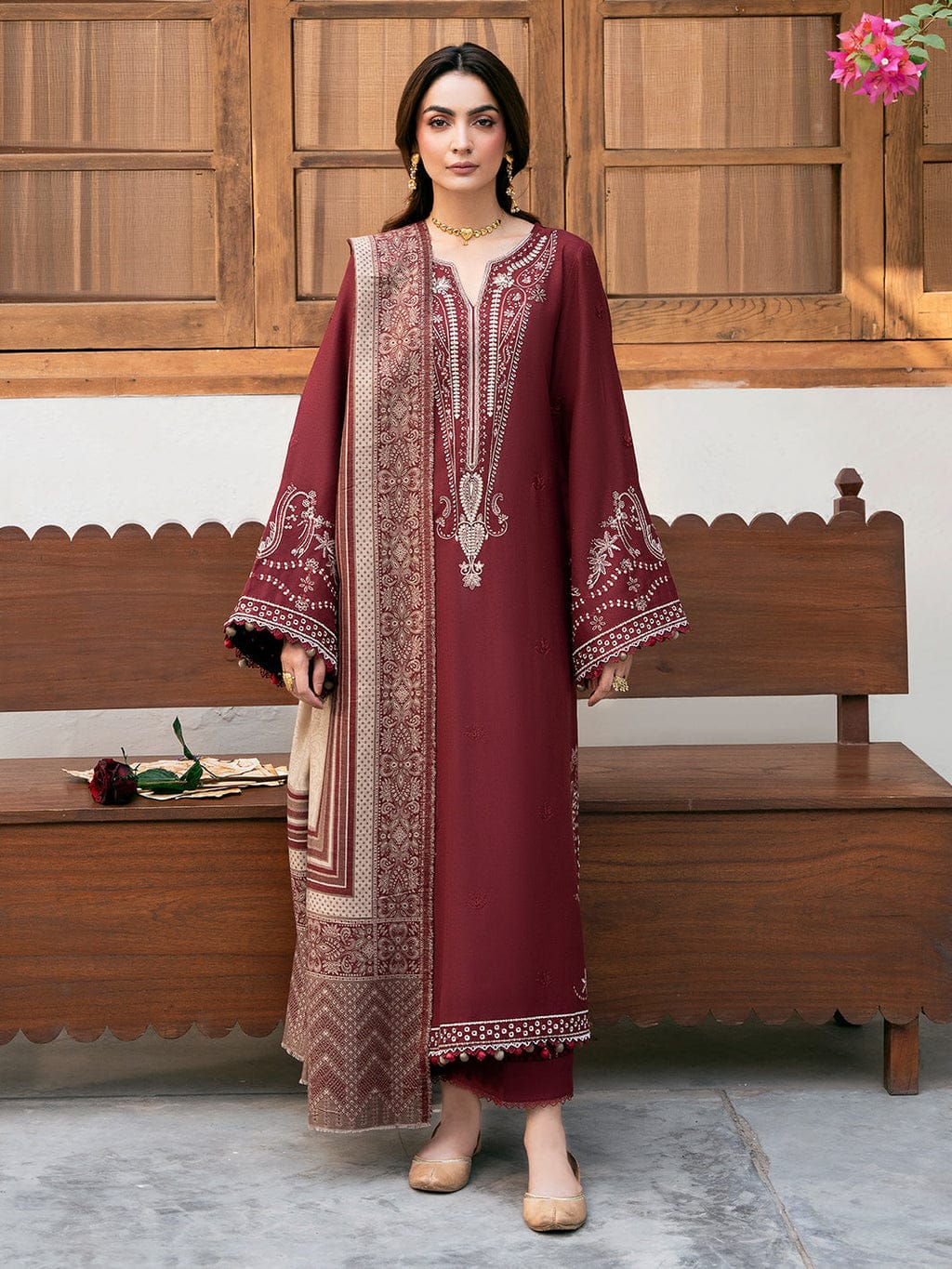 Aneelas Embroidered 3-Piece Women’s Kurta Set with Shawl