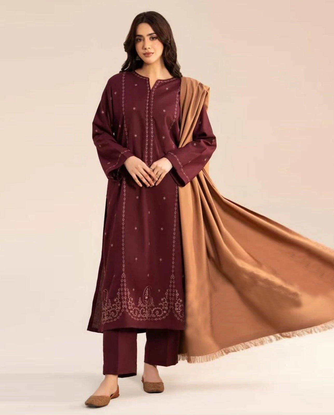 Elegant Maroon Embroidered 3-Piece Women’s Kurta Set with Shawl