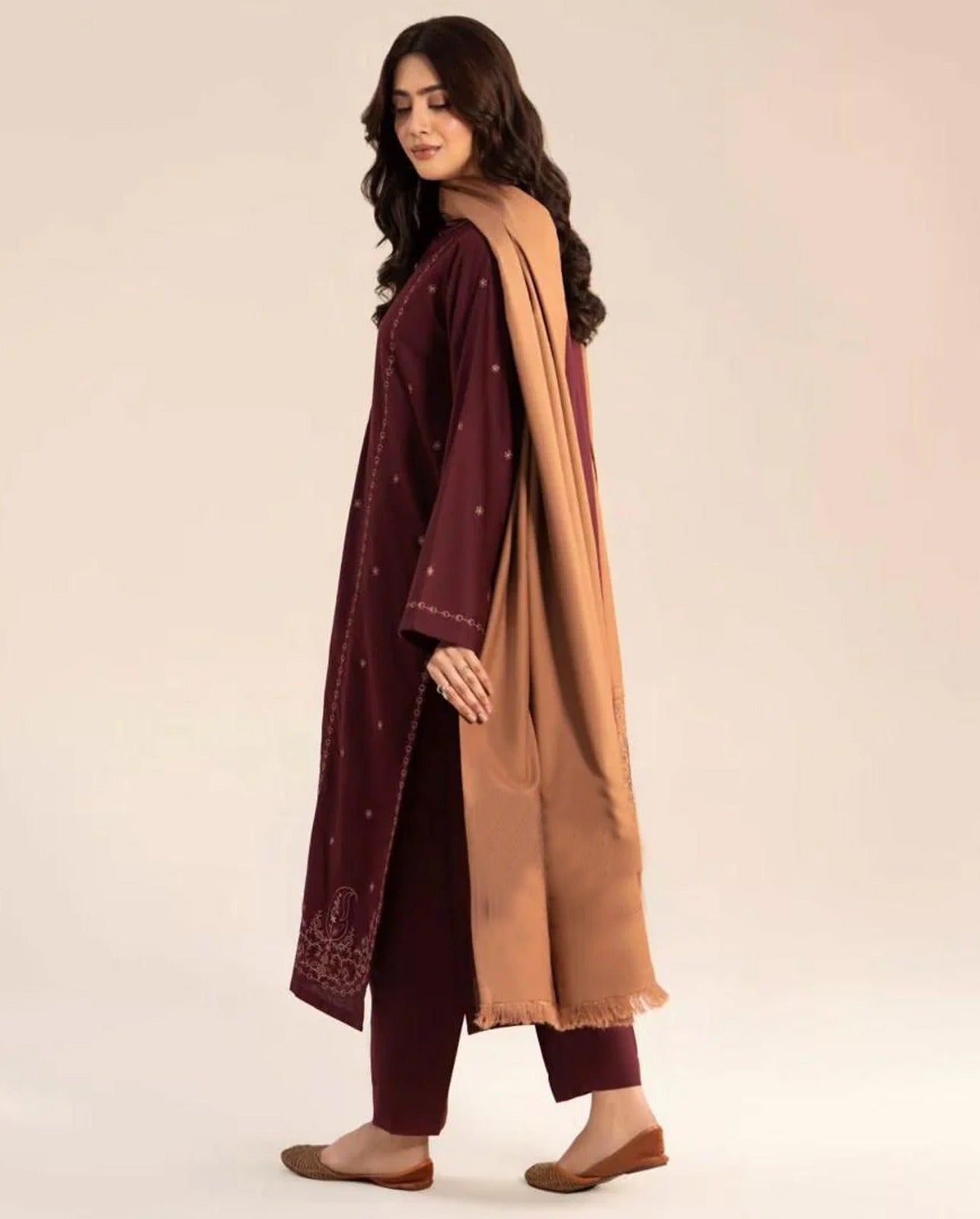 Elegant Maroon Embroidered 3-Piece Women’s Kurta Set with Shawl