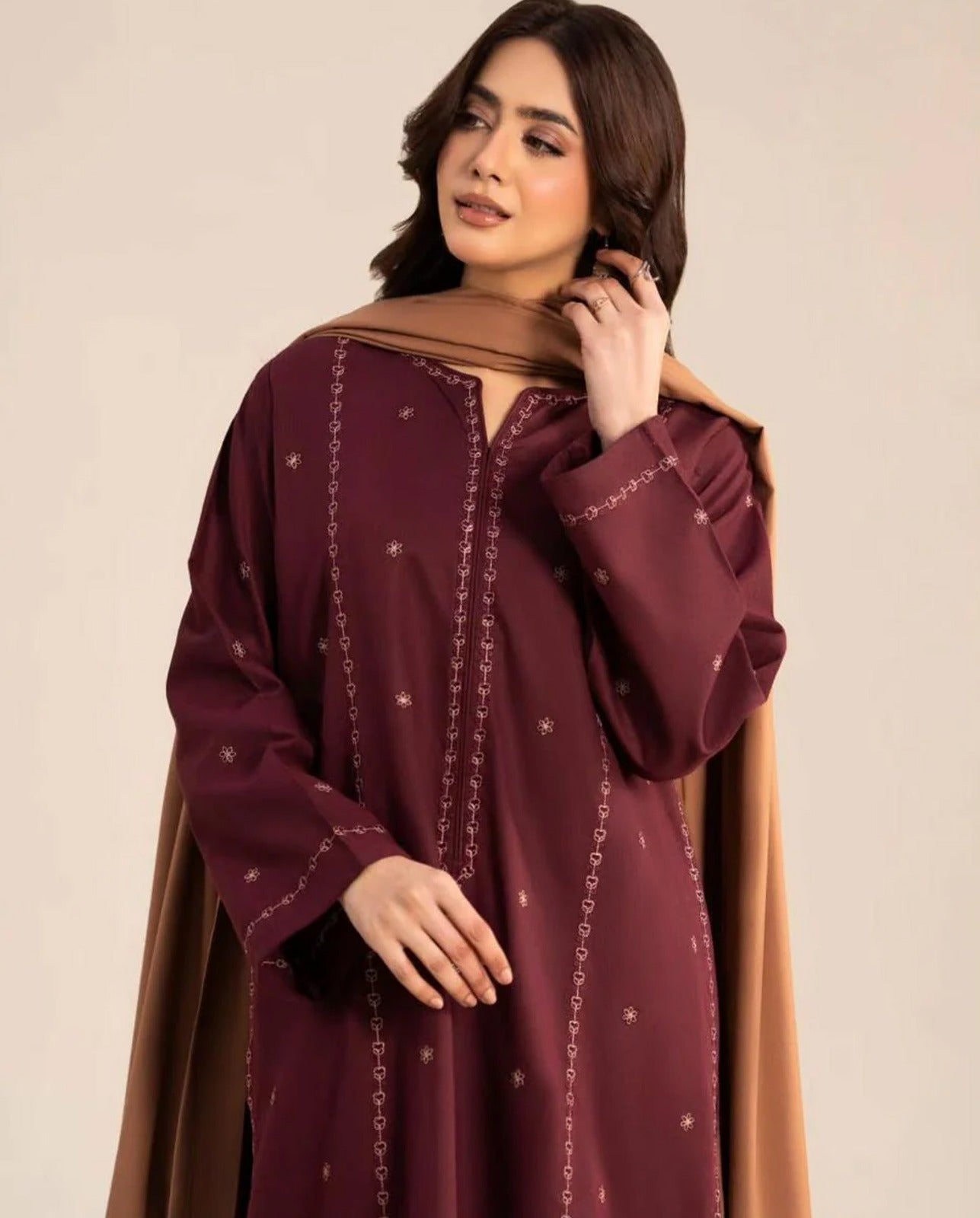 Elegant Maroon Embroidered 3-Piece Women’s Kurta Set with Shawl