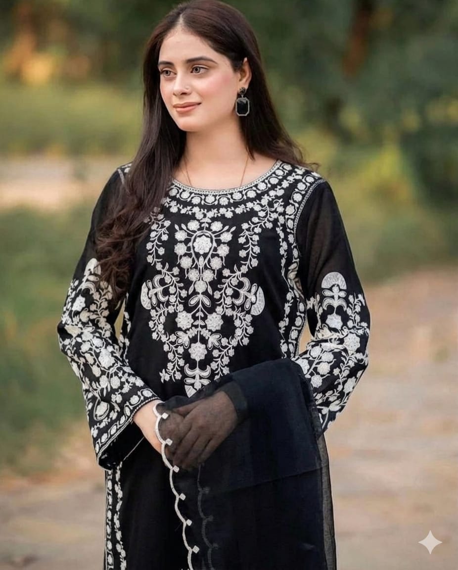 Aneelas Embroidered 3-Piece Women’s Kurta Set with Shawl
