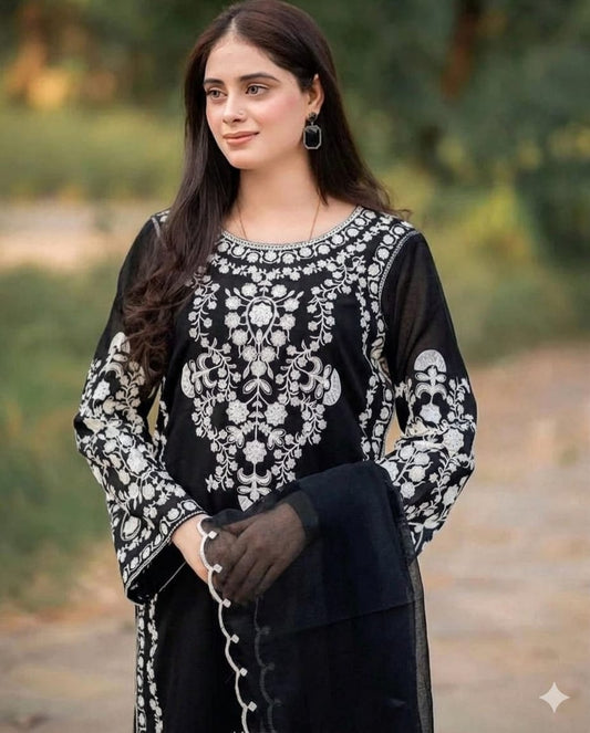 Aneelas Embroidered 3-Piece Women’s Kurta Set with Shawl