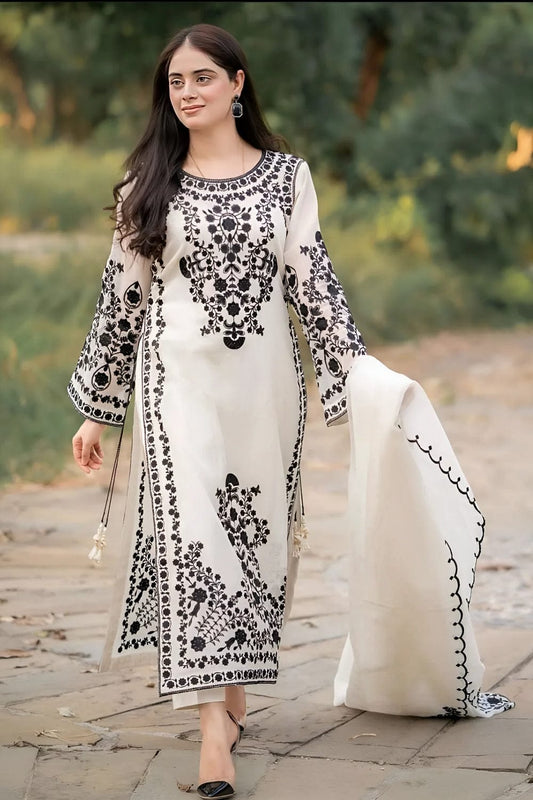 Aneelas Embroidered 3-Piece Women’s Kurta Set with Shawl