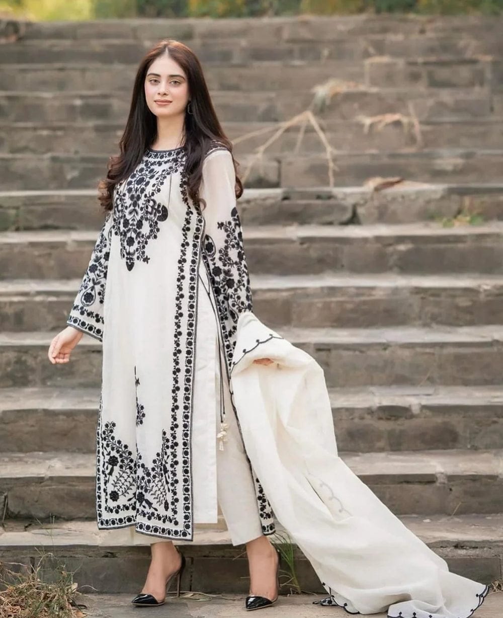 Aneelas Embroidered 3-Piece Women’s Kurta Set with Shawl