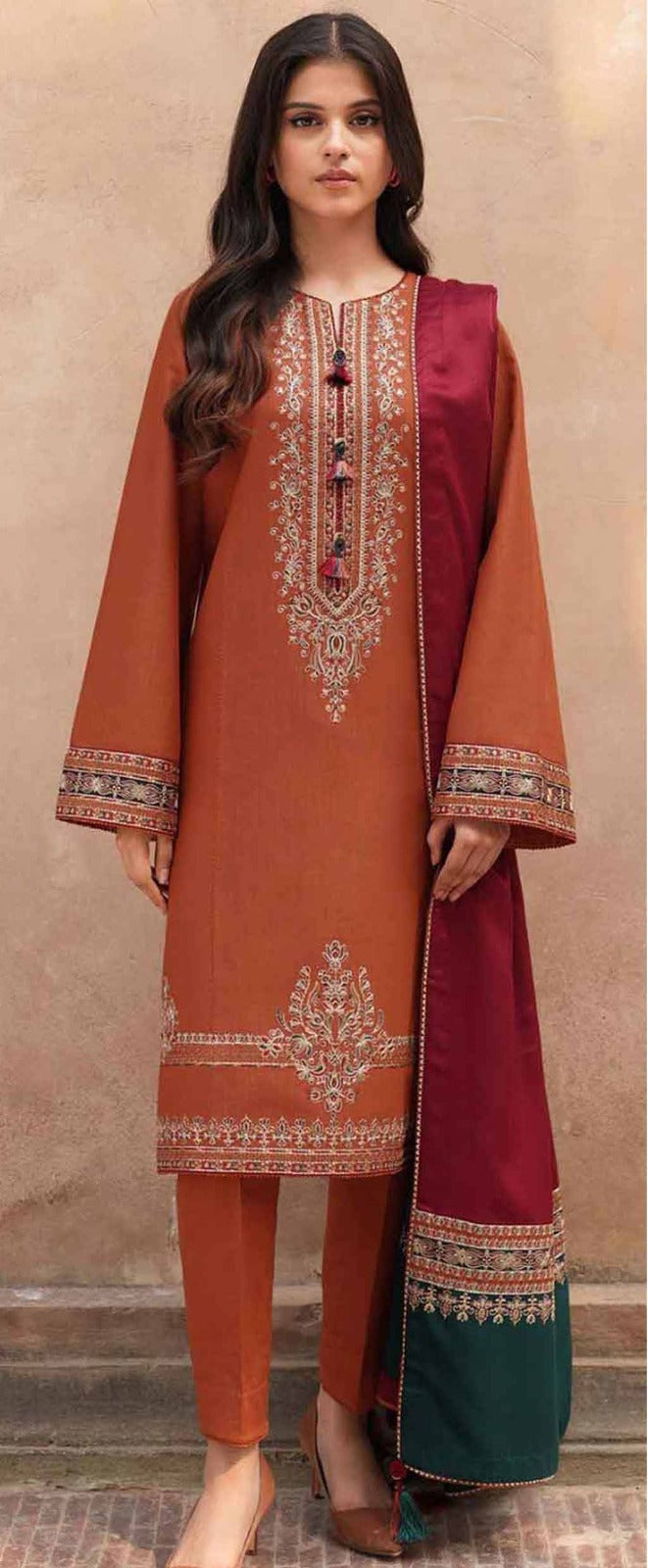 Elegant Embroidered 3-Piece Women’s Kurta Set with Shawl