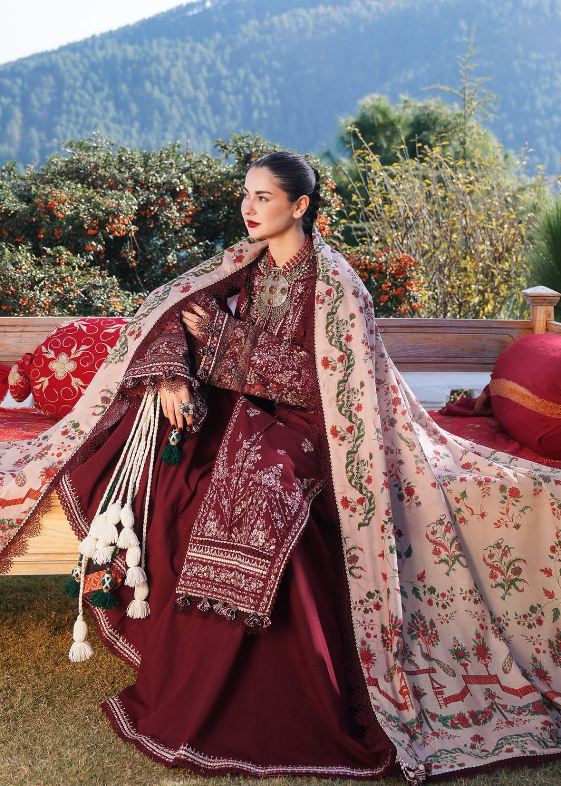 Elegant Maroon Embroidered 3-Piece Women’s Kurta Set with Shawl