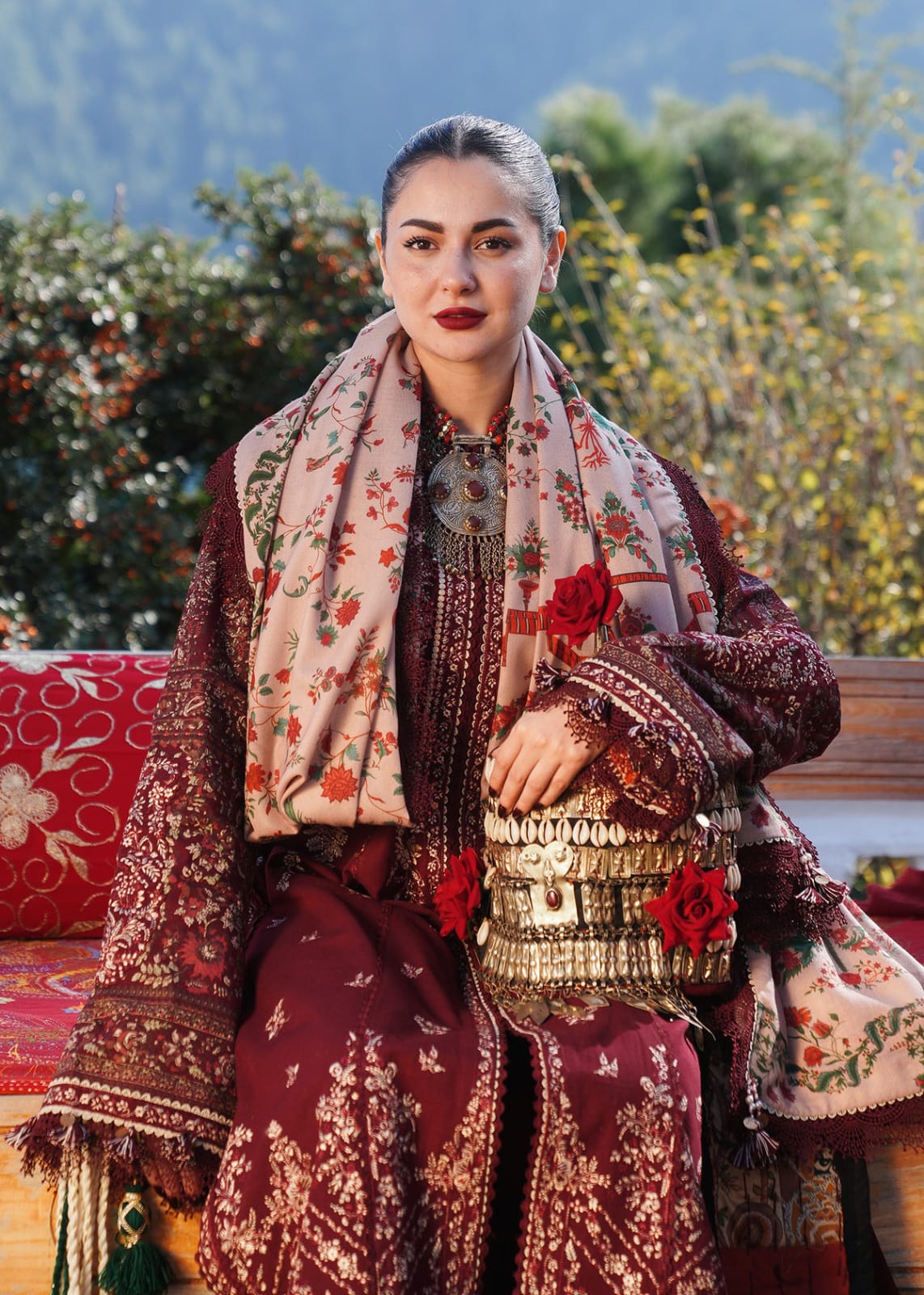 Elegant Maroon Embroidered 3-Piece Women’s Kurta Set with Shawl