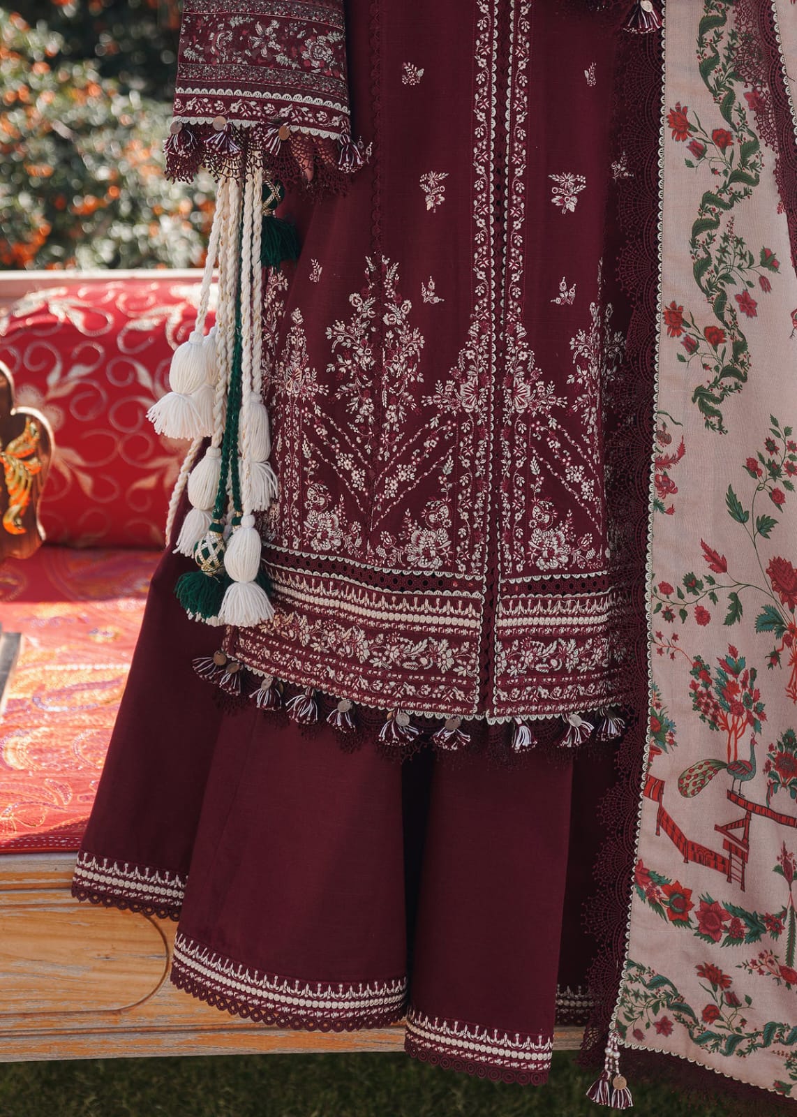 Elegant Maroon Embroidered 3-Piece Women’s Kurta Set with Shawl