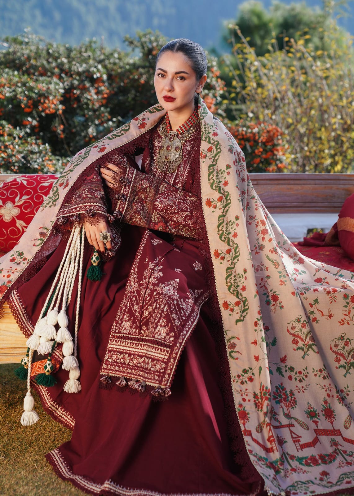Elegant Maroon Embroidered 3-Piece Women’s Kurta Set with Shawl