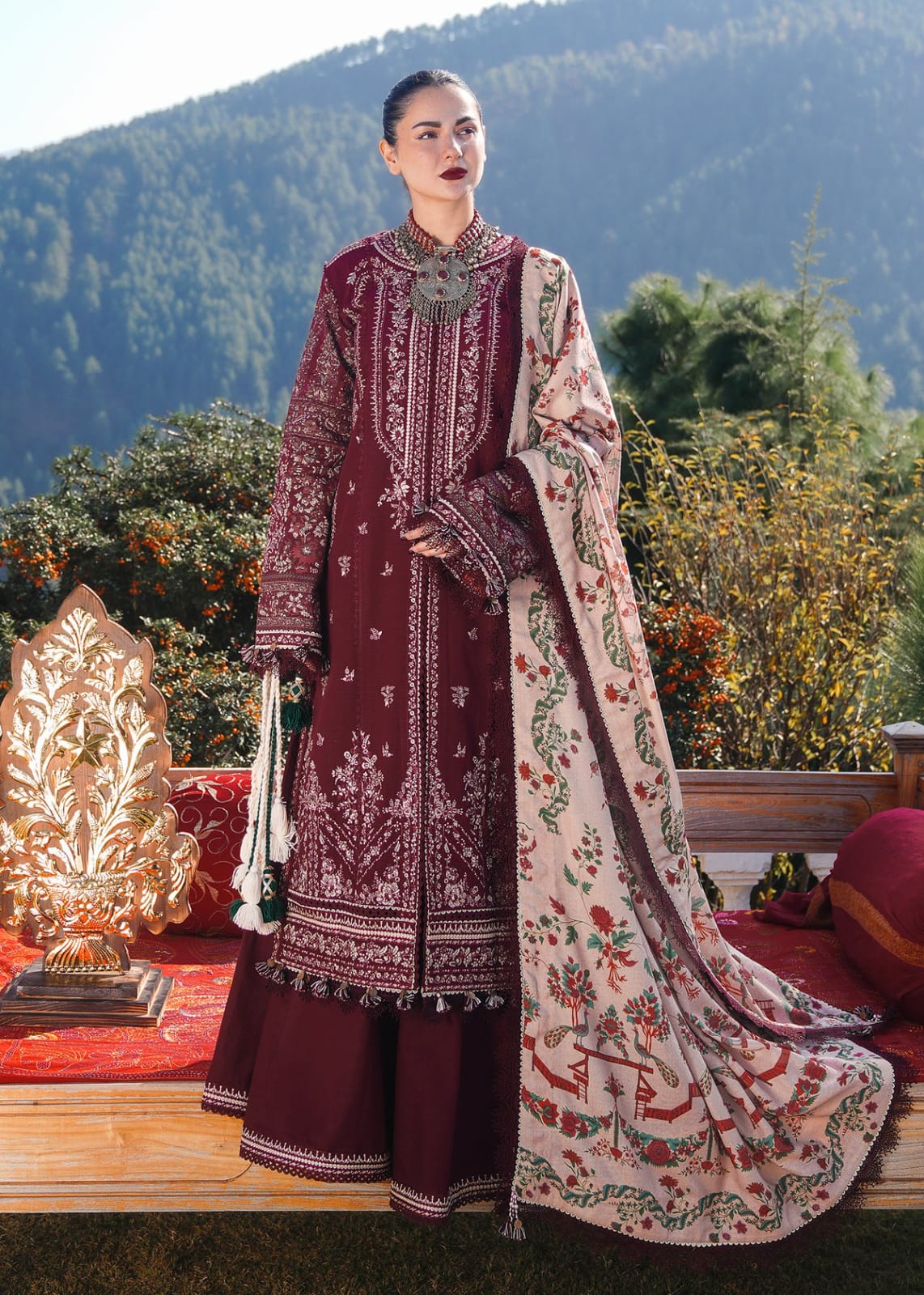Elegant Maroon Embroidered 3-Piece Women’s Kurta Set with Shawl
