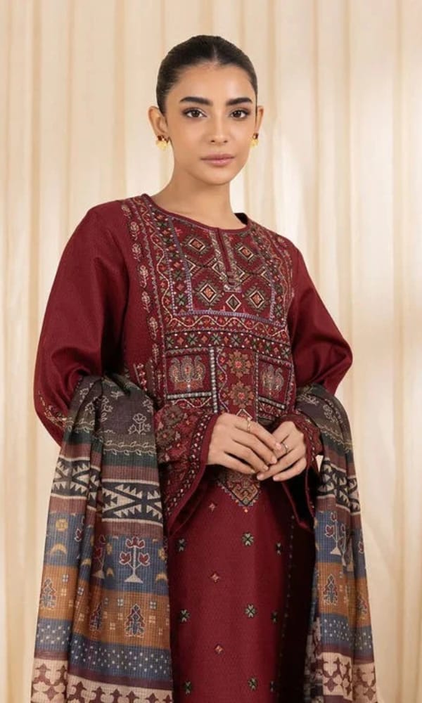 Aneelas Embroidered 3-Piece Women’s Kurta Set with Shawl