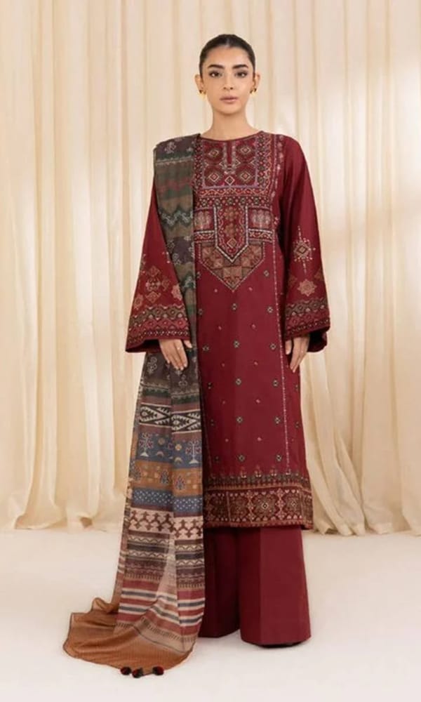 Aneelas Embroidered 3-Piece Women’s Kurta Set with Shawl