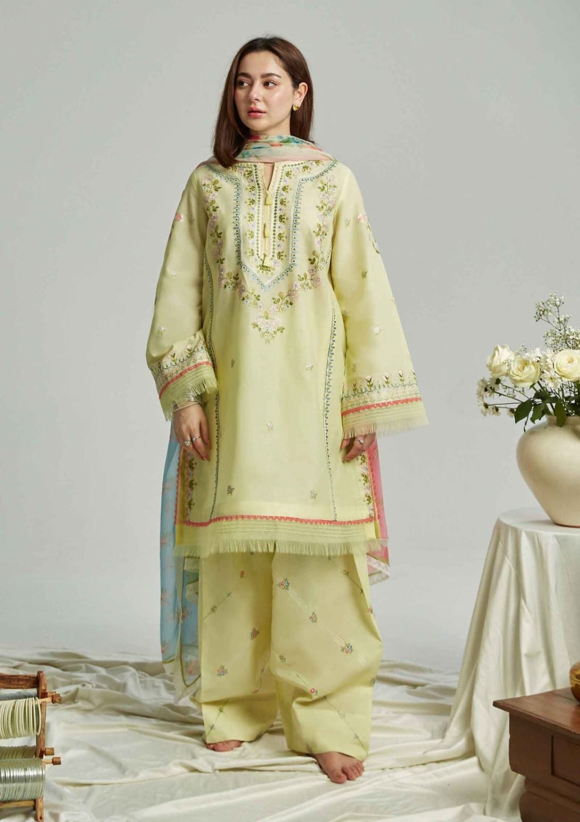 Aneelas Embroidered 3-Piece Women’s Kurta Set with Shawl