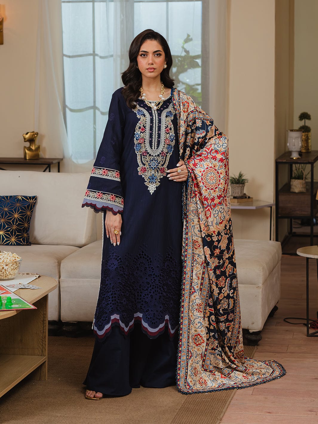 Aneelas Embroidered 3-Piece Women’s Kurta Set with Shawl