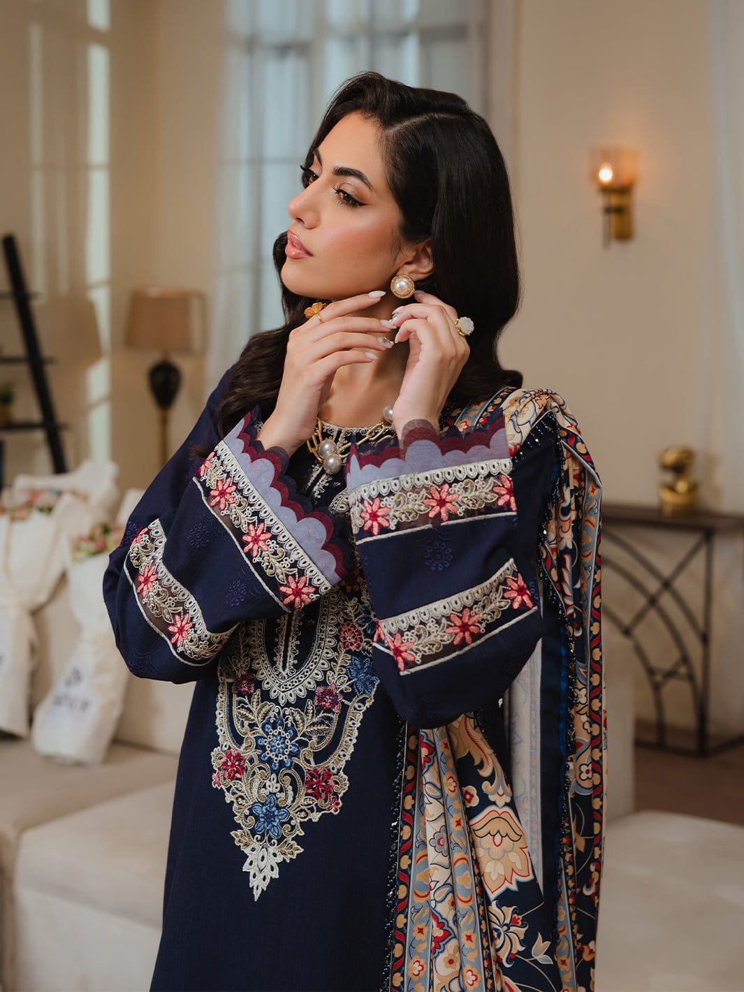 Aneelas Embroidered 3-Piece Women’s Kurta Set with Shawl