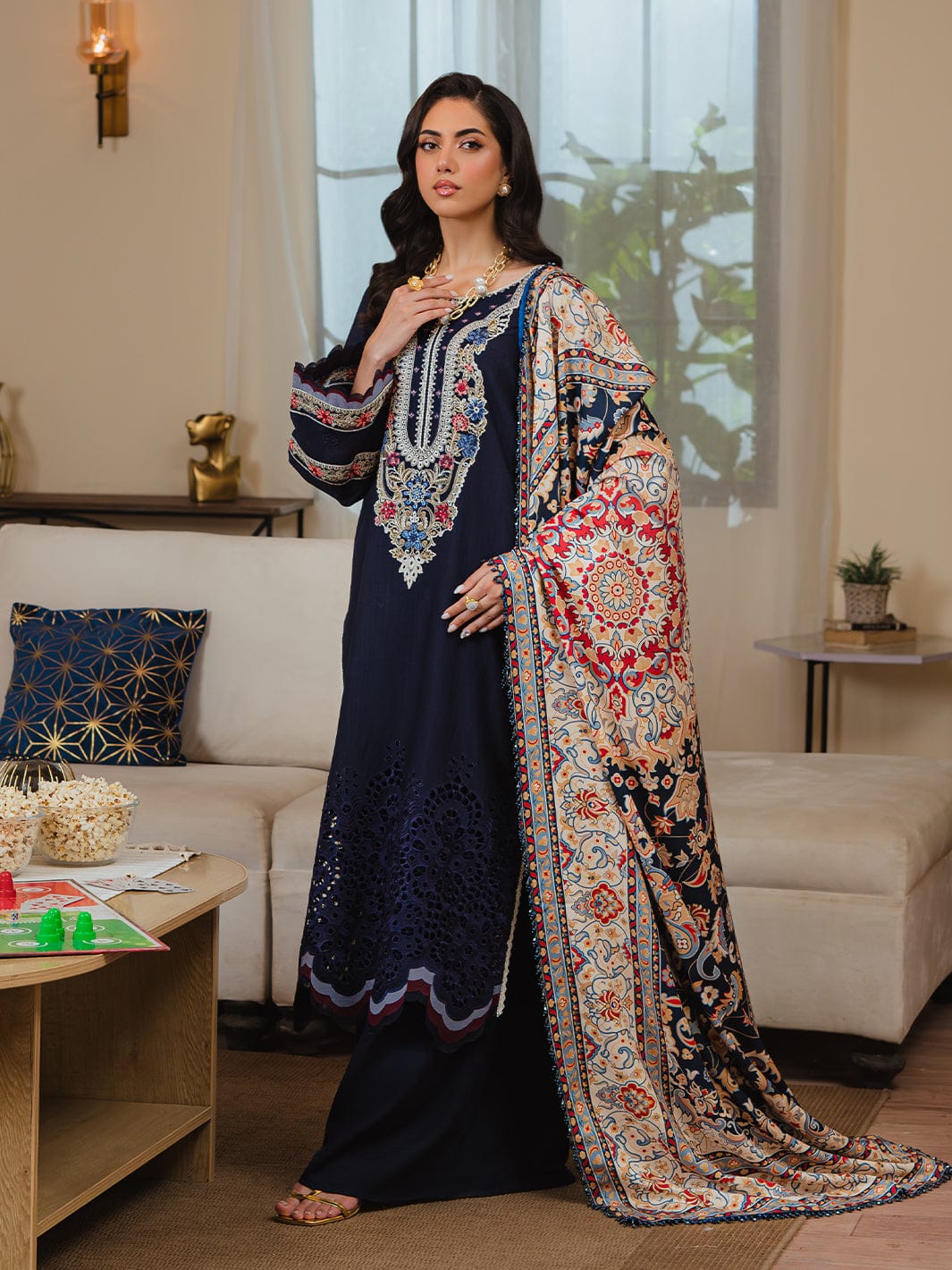 Aneelas Embroidered 3-Piece Women’s Kurta Set with Shawl