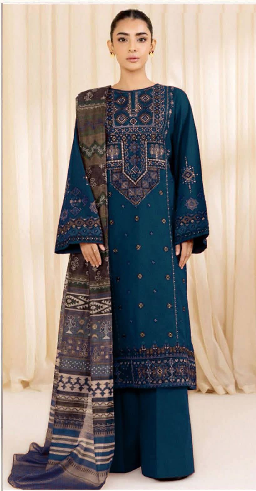 Aneelas Embroidered 3-Piece Women’s Kurta Set with Shawl