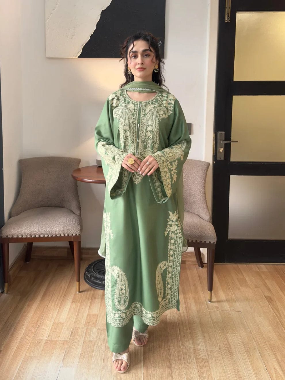 Aneelas Embroidered 3-Piece Women’s Kurta Set with Shawl