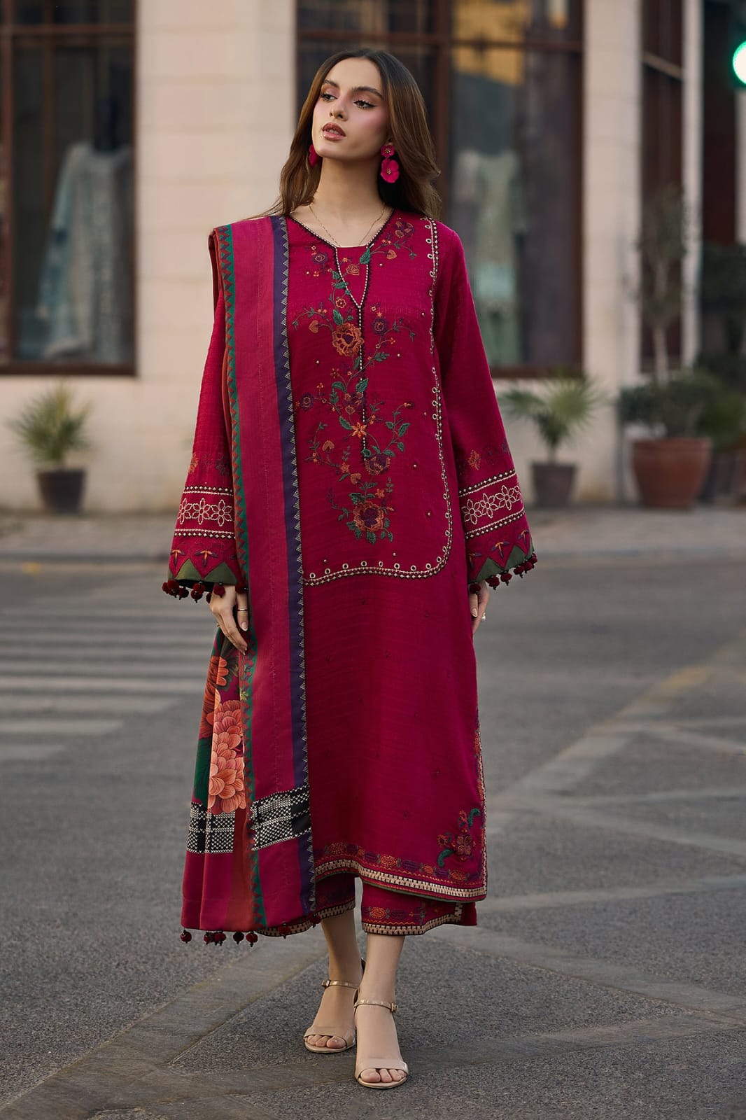 Aneelas Embroidered 3-Piece Women’s Kurta Set with Shawl