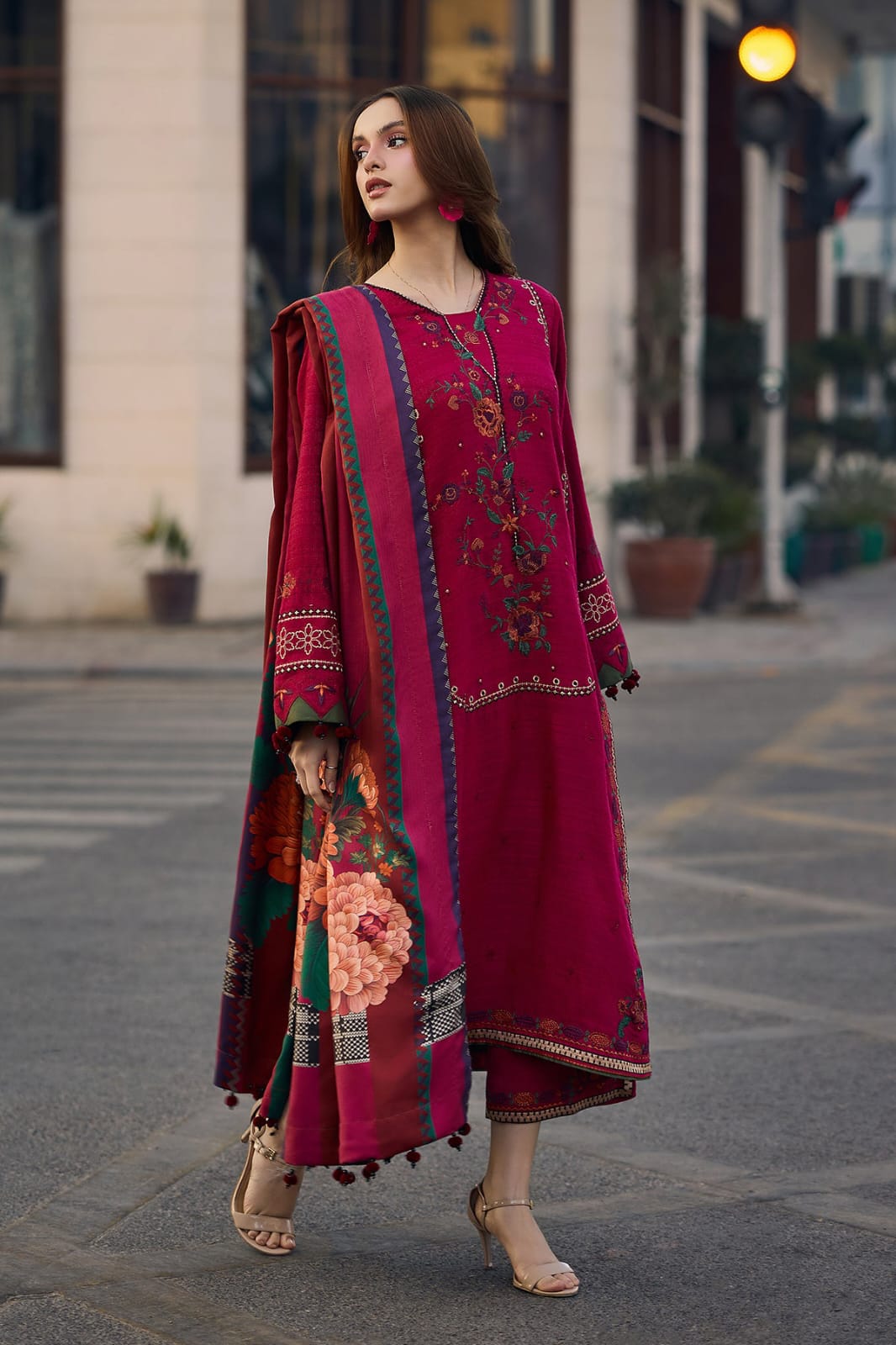 Aneelas Embroidered 3-Piece Women’s Kurta Set with Shawl