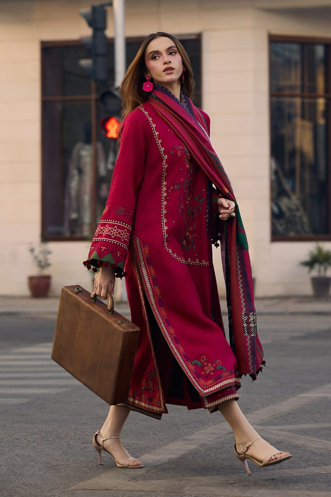 Aneelas Embroidered 3-Piece Women’s Kurta Set with Shawl