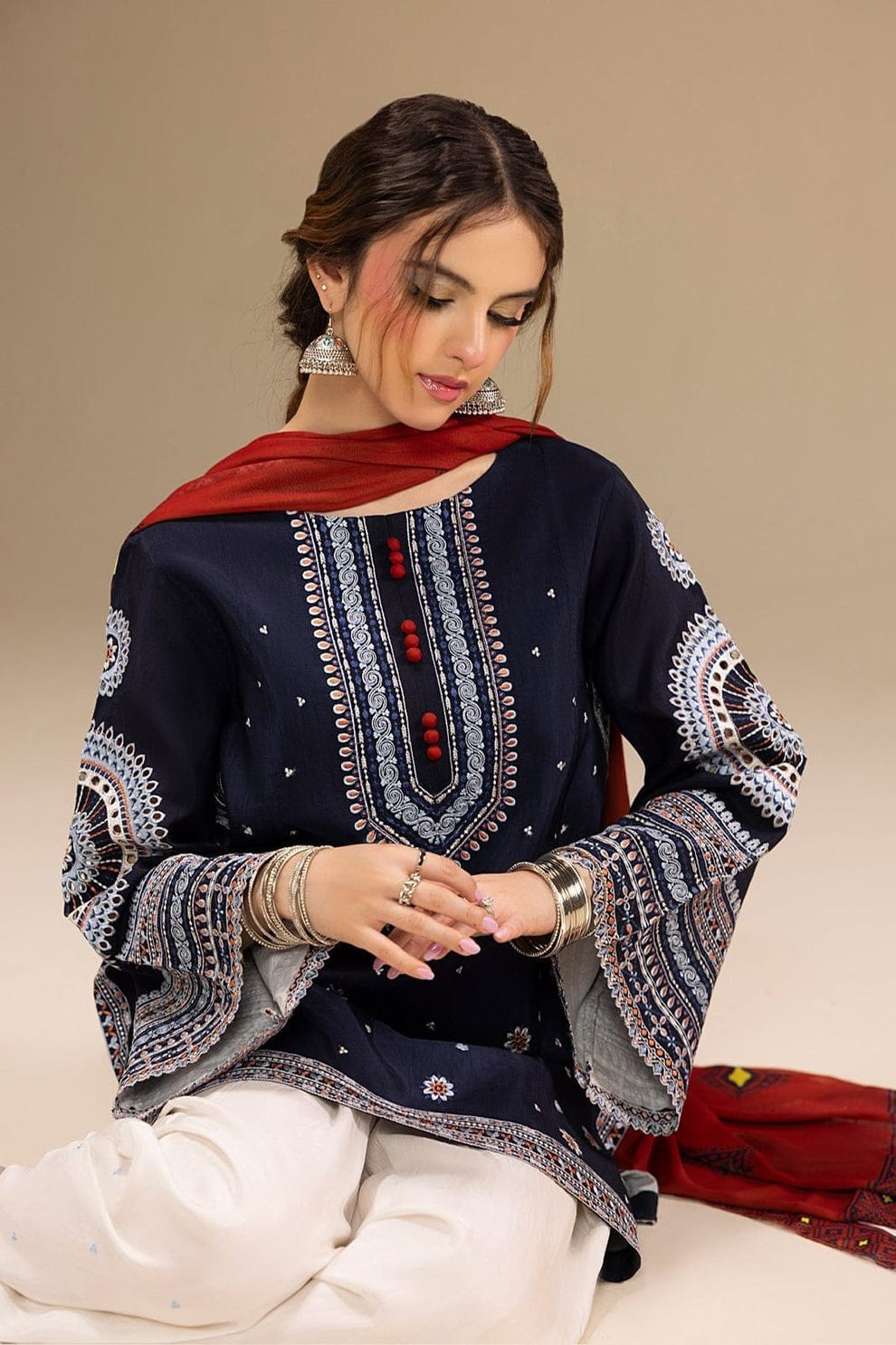 Aneelas Embroidered 3-Piece Women’s Kurta Set with Shawl