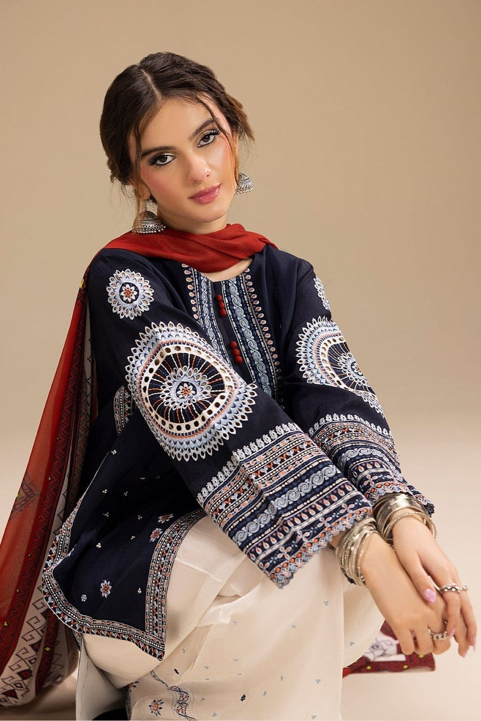 Aneelas Embroidered 3-Piece Women’s Kurta Set with Shawl