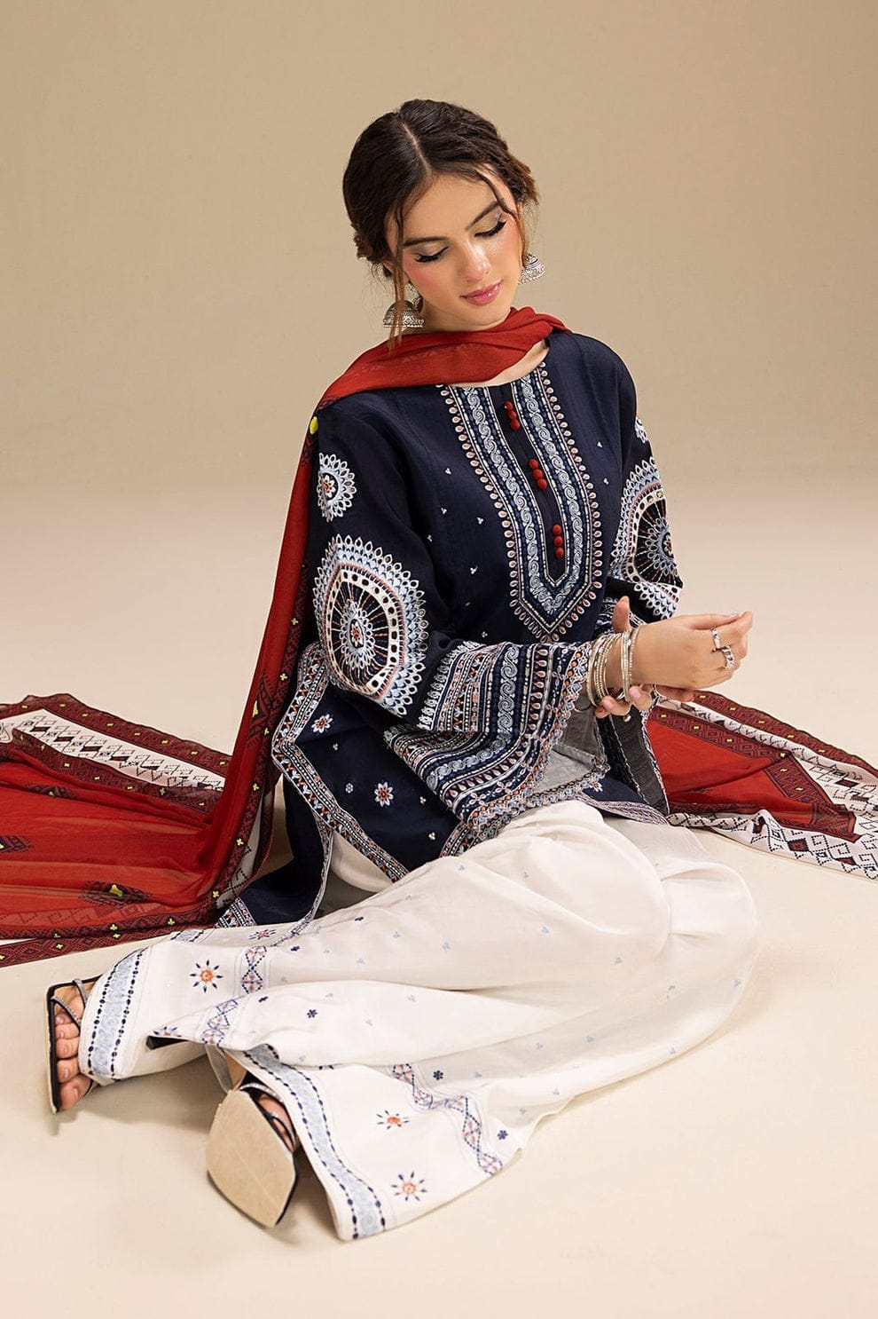 Aneelas Embroidered 3-Piece Women’s Kurta Set with Shawl