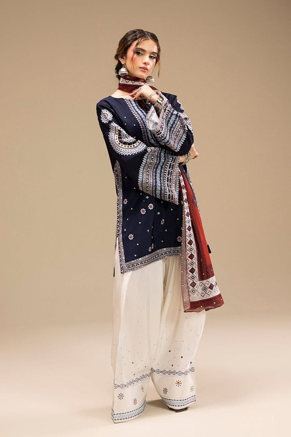 Aneelas Embroidered 3-Piece Women’s Kurta Set with Shawl